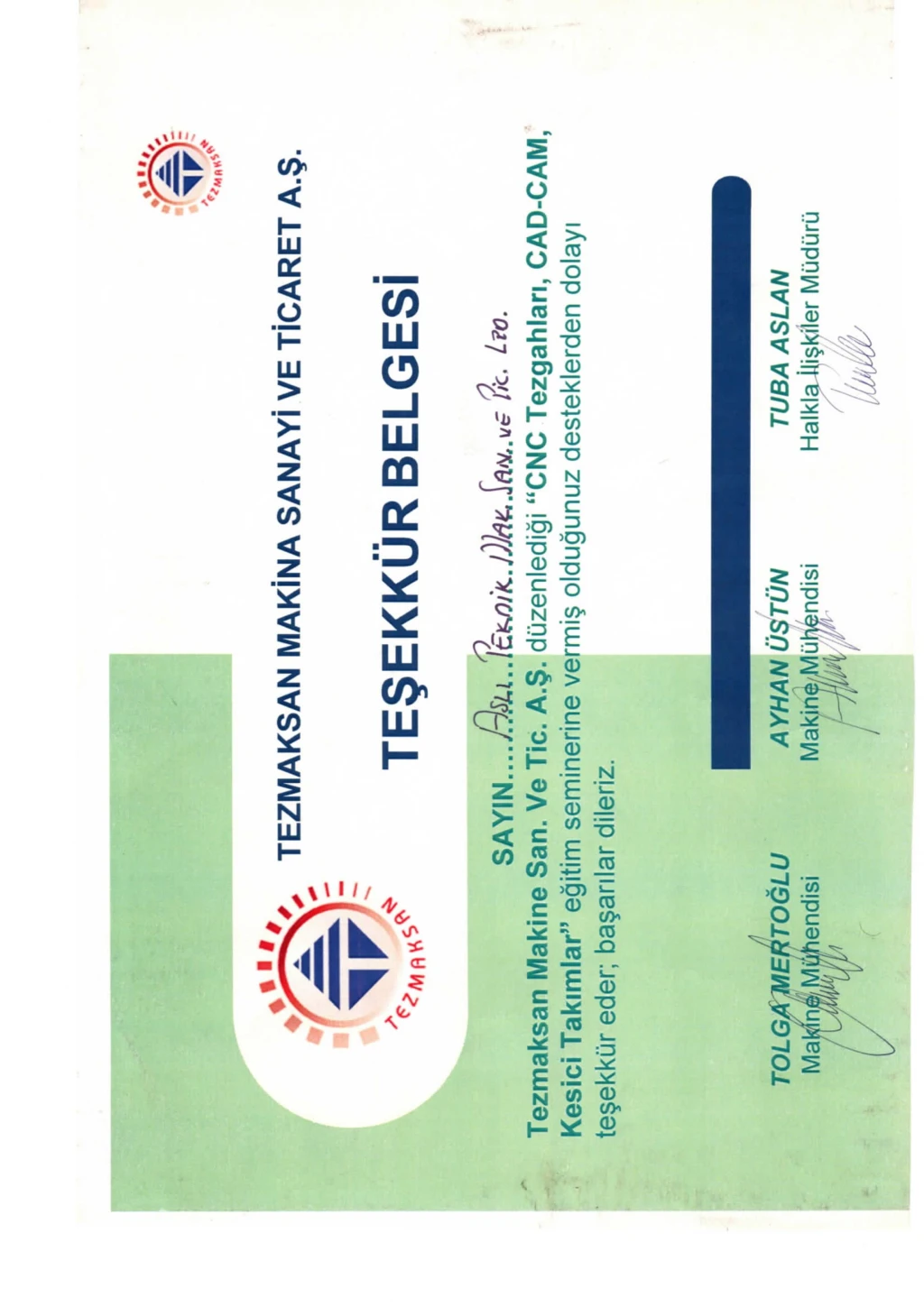Tezmaksan Teşekkür Belgesi